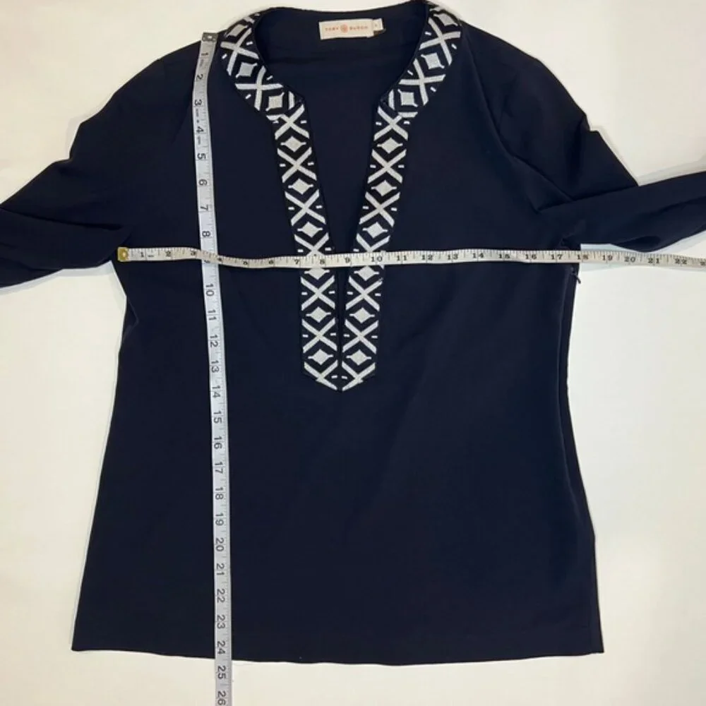 TORY‎ BURCH ARIANA V Neck Tunic with Taping Blouse Embroidered Knit Trim Size 4